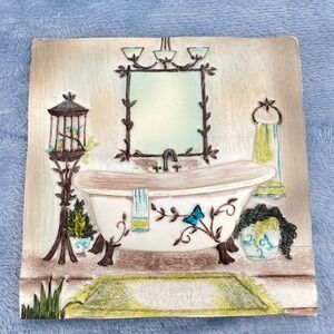 New View Wall Art Plaque Bathroom Scene Bath Tub Plants Butterflies Rustic Decor